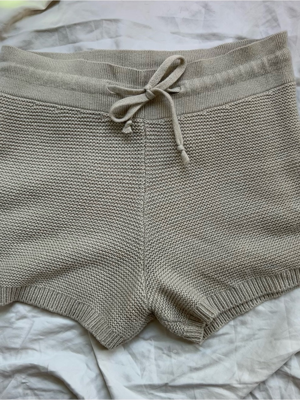 Onzie Knit Drawstring Athletic Shorts in Light Beige